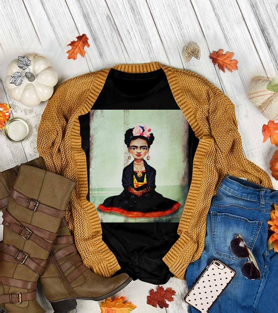 Frida Kahlo Iconic Portrait with Flower Crown and Traditional Mexican Dress T-Shirt