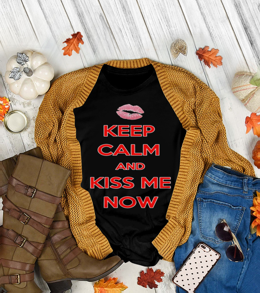 KEEP CALM AND KISS ME NOW Red Text with Lip Print T-Shirt