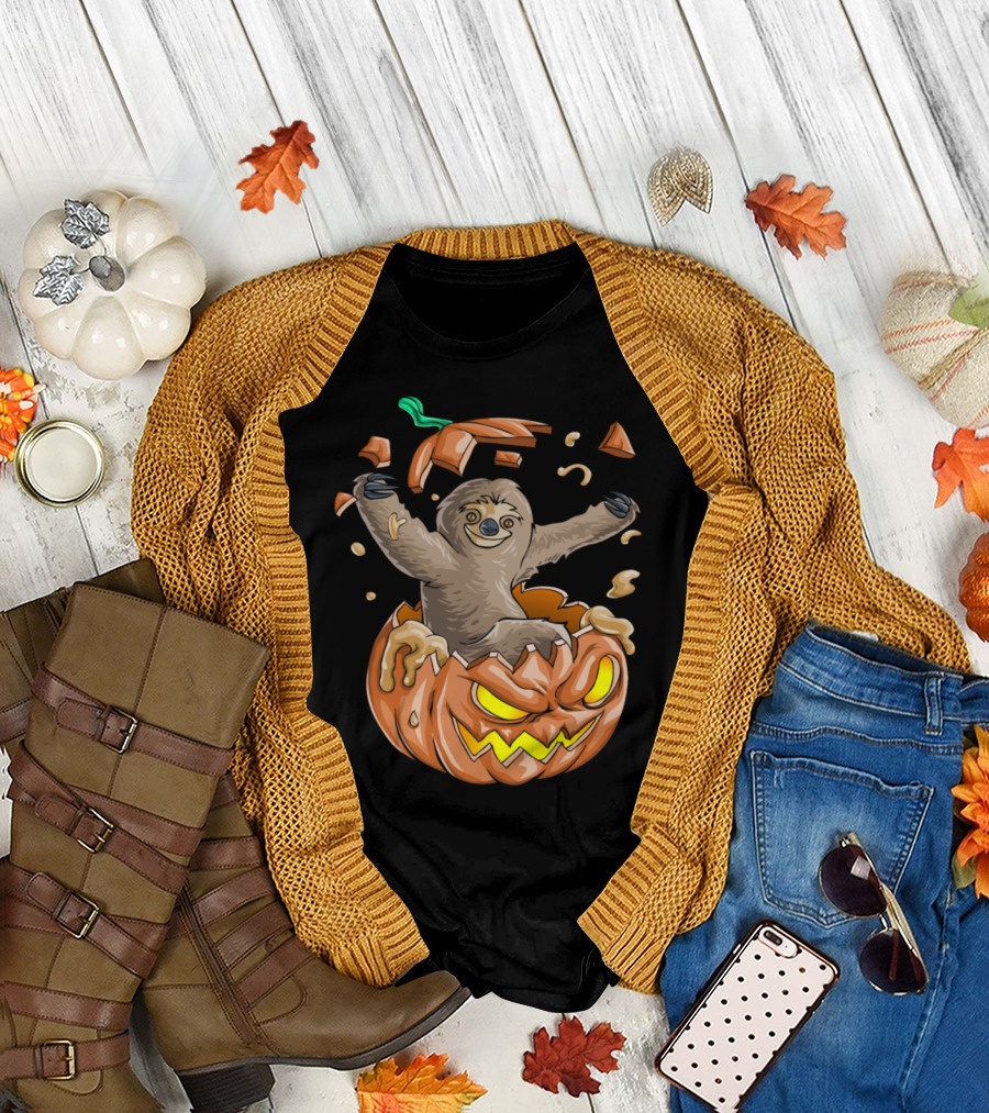 Sloth Emerging from Jack-O'-Lantern Pumpkin Halloween Fun T-Shirt