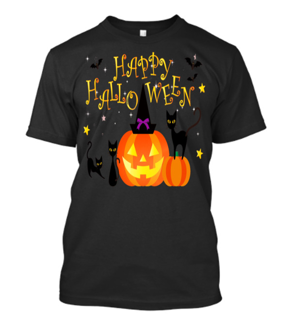 Happy Halloween Pumpkin With Witch Hat Black Cats And Bats Playful T-Shirt