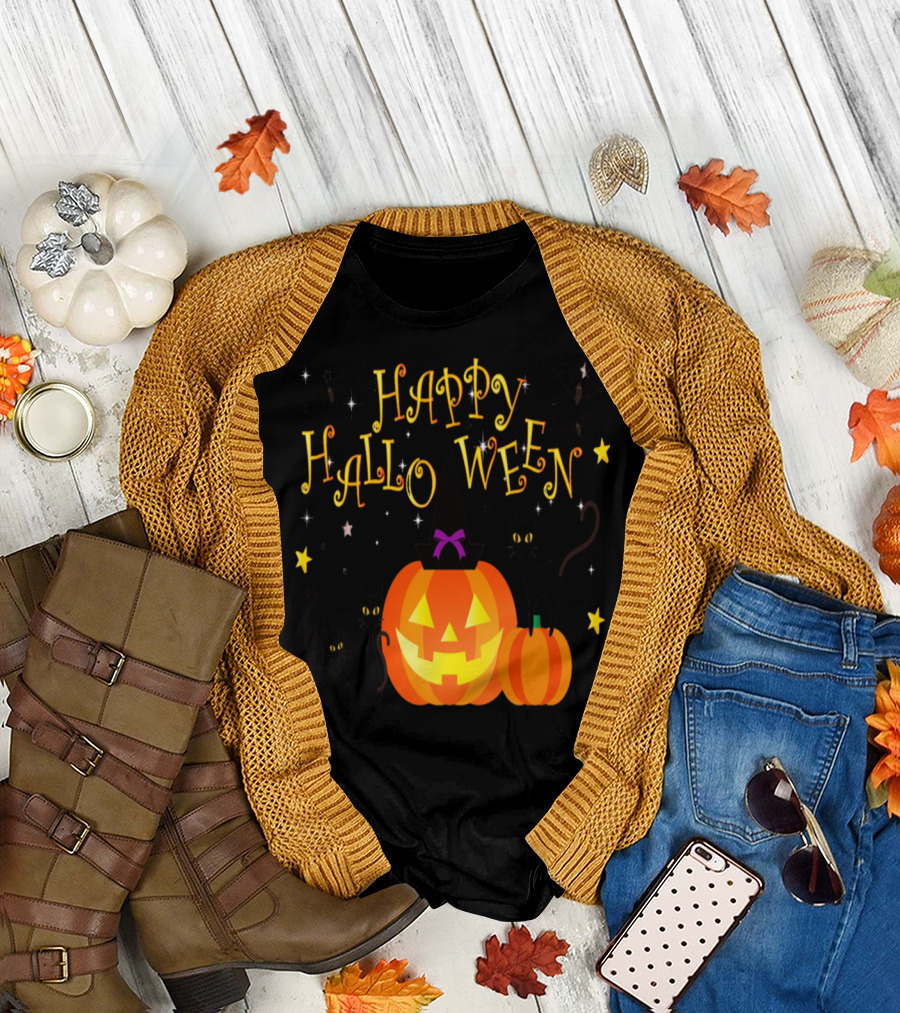 Happy Halloween Pumpkin with Witch Hat Black Cats and Bats Playful T-Shirt