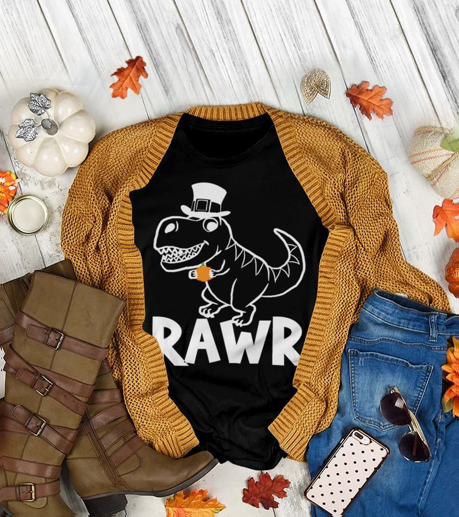 Rawr Dinosaur Pumpkin Wearing Pilgrim Hat T-Shirt