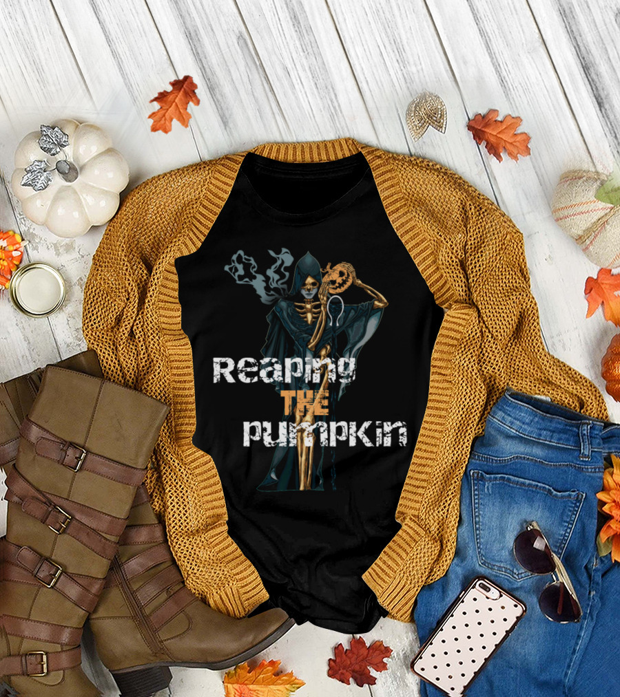 Reaping the Pumpkin Skeleton Grim Reaper with Scythe and Smoky Hood T-Shirt
