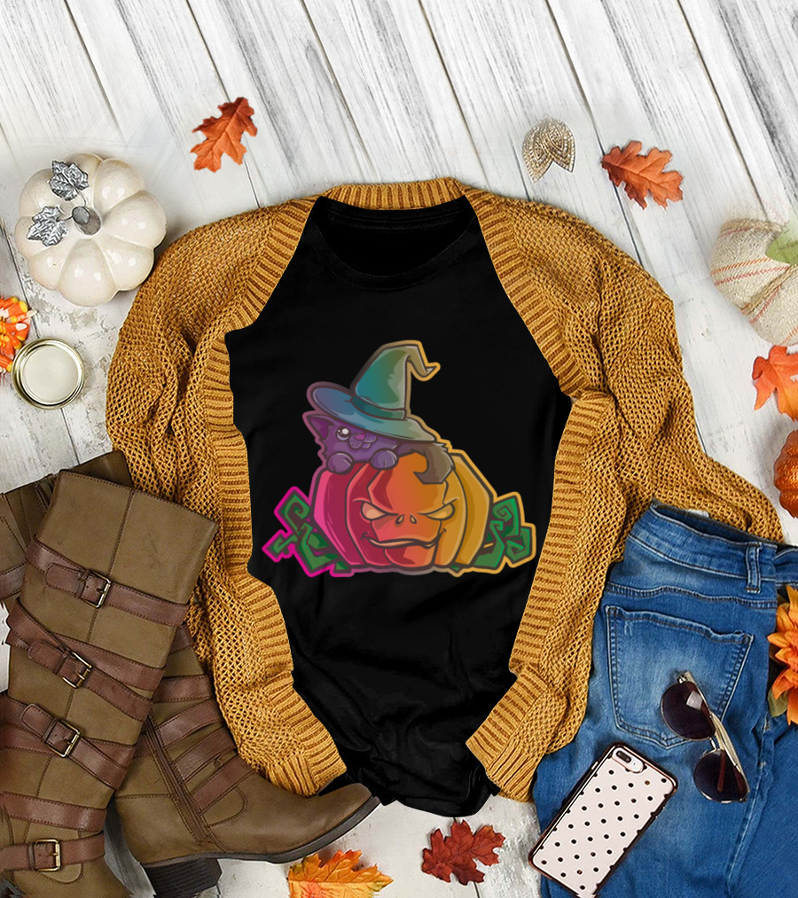Halloween Cat on Colorful Pumpkin with Witch Hat T-Shirt