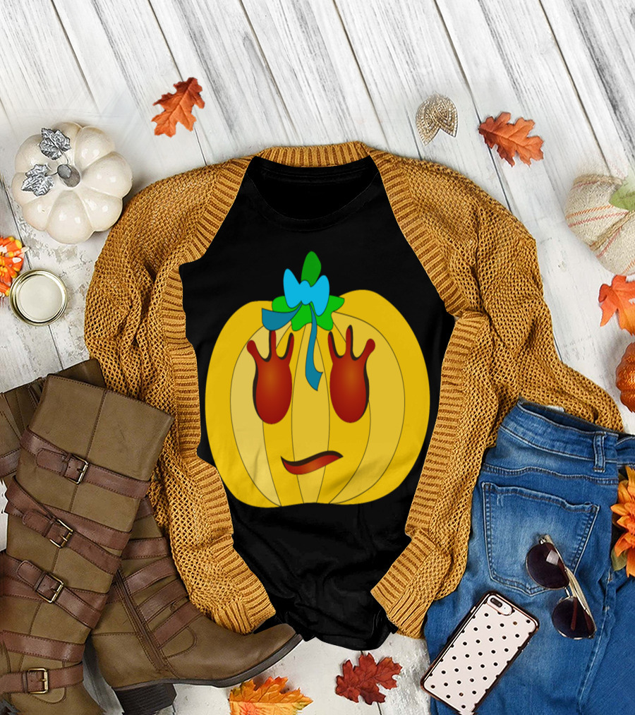 Yellow Pumpkin with Teal Bow and Red Eyes T-Shirt