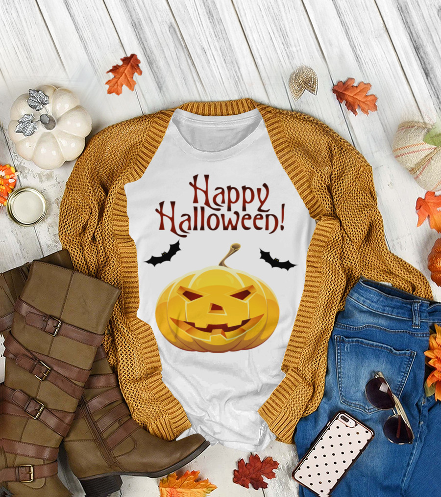 Happy Halloween Smile Pumpkin with Bats T-Shirt