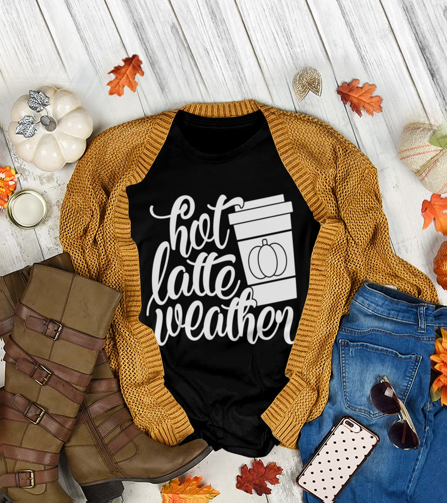 Hot Latte Weather Pumpkin Coffee Cup Autumn Themed T-Shirt