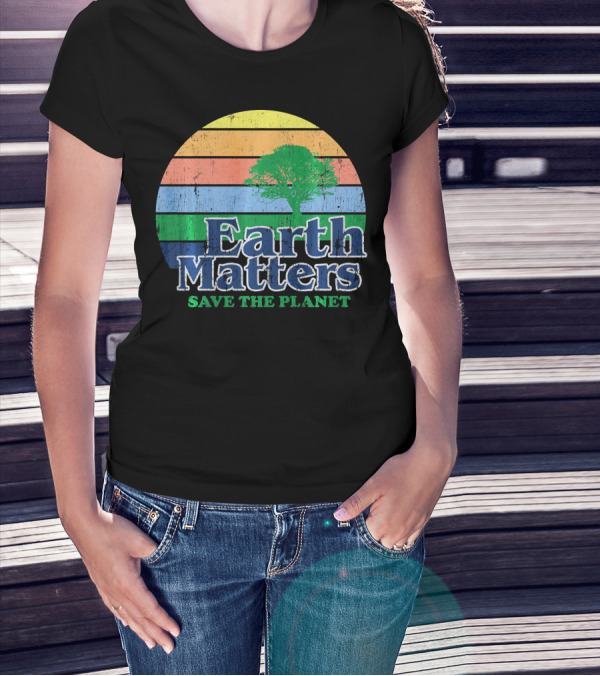 Earth Matters Save The Planet Earth Day Tree Retro Sunburst T-Shirt