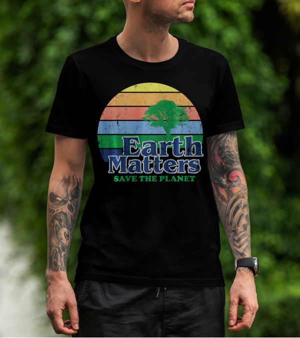 Earth Matters Save The Planet Earth Day Tree Retro Sunburst T-Shirt
