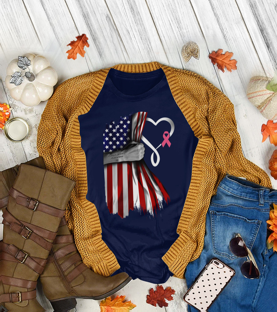 Breast Cancer Awareness American Flag Heart T-Shirt