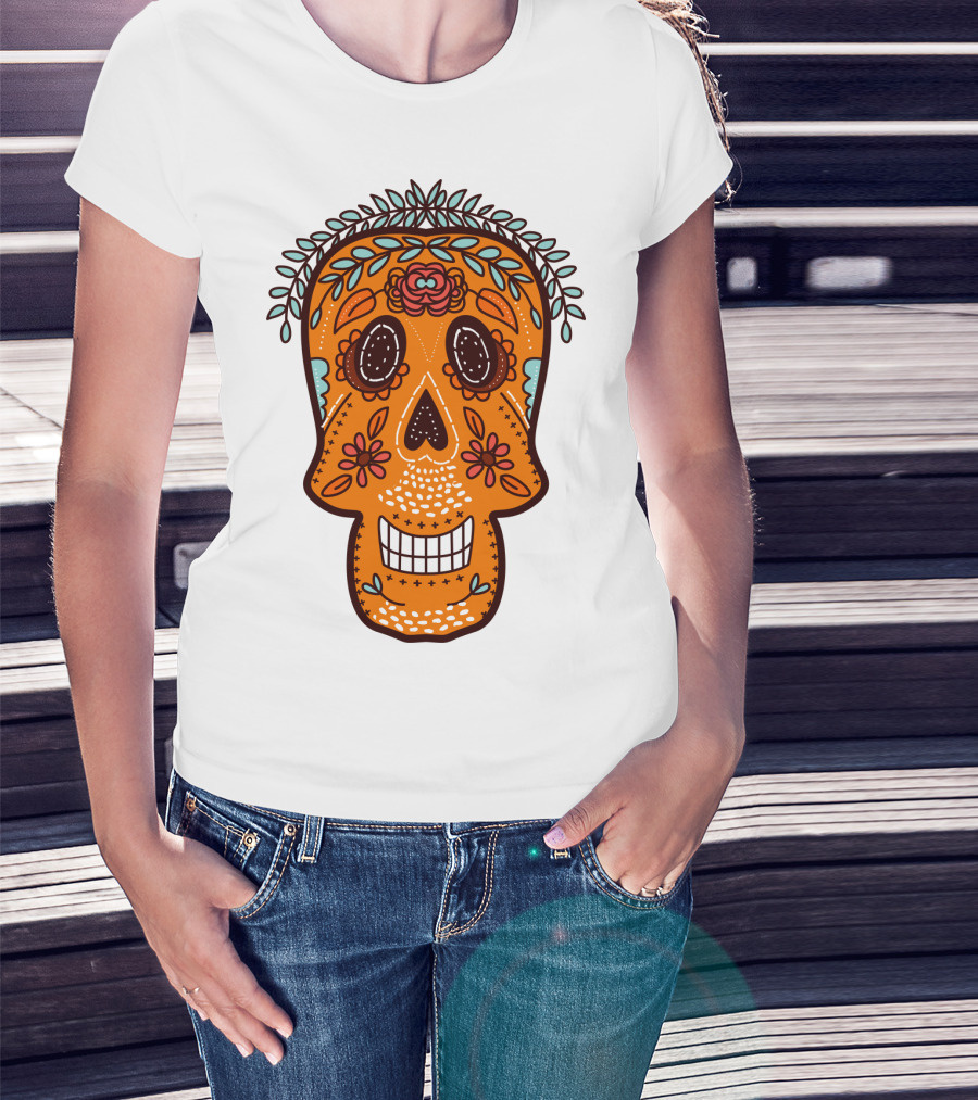 Skull Smile Sugar Skull Floral Día De Los Muertos T-Shirt