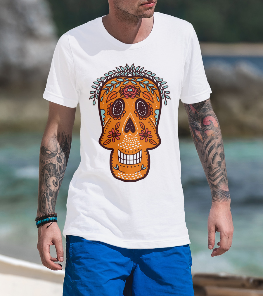 Skull Smile Sugar Skull Floral Día De Los Muertos T-Shirt