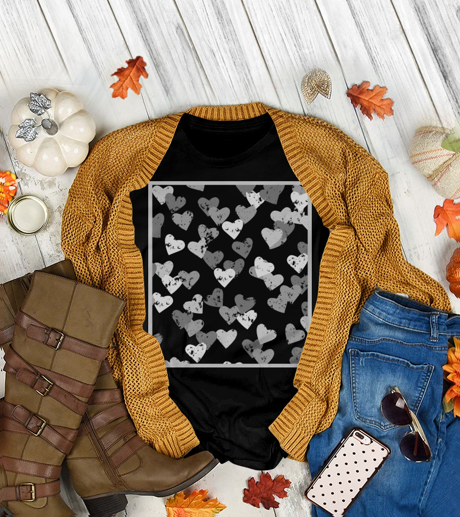 Grey Hearts Pattern with Grunge Texture in Grey Frame T-Shirt
