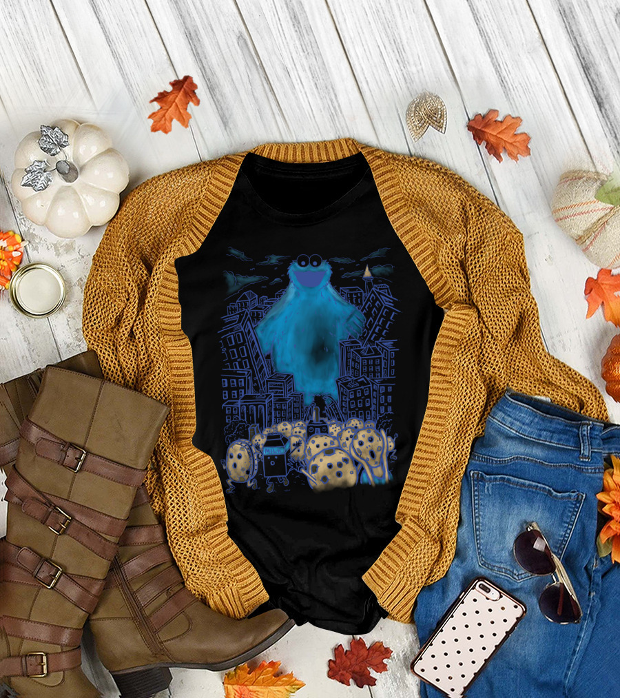 Monster In The City with Blue Furry Creature and Cookie-Themed Characters T-Shirt