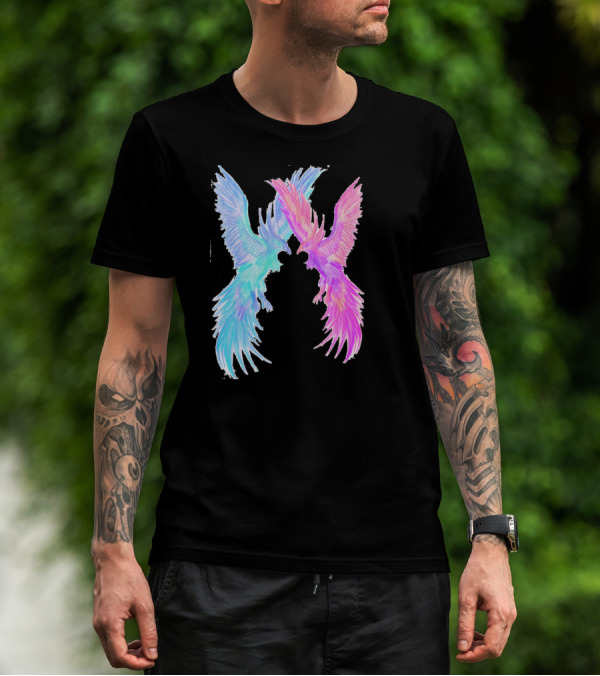 Phoenix Dance Vibrant Duality With Blue And Pink Avian Forms T-Shirt