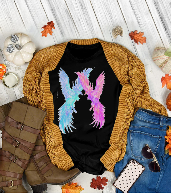 Phoenix Dance Vibrant Duality With Blue And Pink Avian Forms T-Shirt