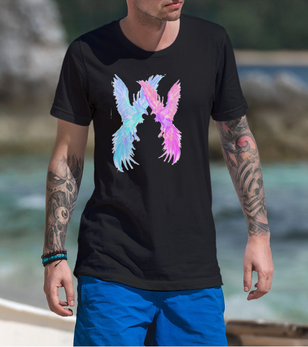 Phoenix Dance Vibrant Duality With Blue And Pink Avian Forms T-Shirt