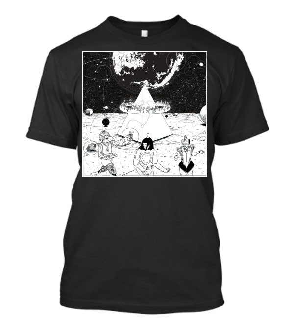 Mysterious Cosmic Pyramid With Dancing Characters Under Planetary Orbit T-Shirt