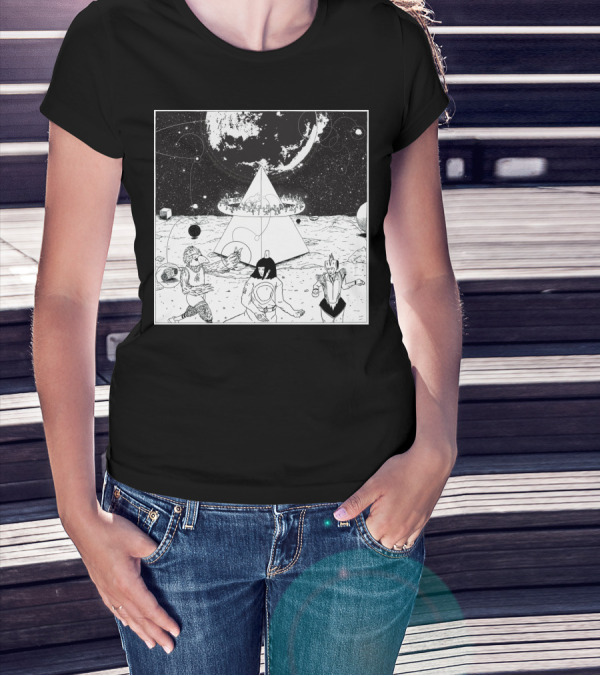 Mysterious Cosmic Pyramid With Dancing Characters Under Planetary Orbit T-Shirt