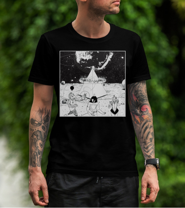 Mysterious Cosmic Pyramid With Dancing Characters Under Planetary Orbit T-Shirt