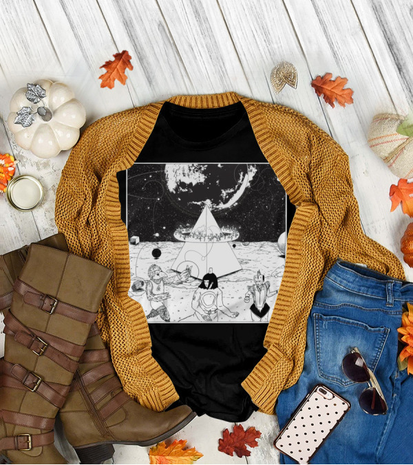 Mysterious Cosmic Pyramid With Dancing Characters Under Planetary Orbit T-Shirt