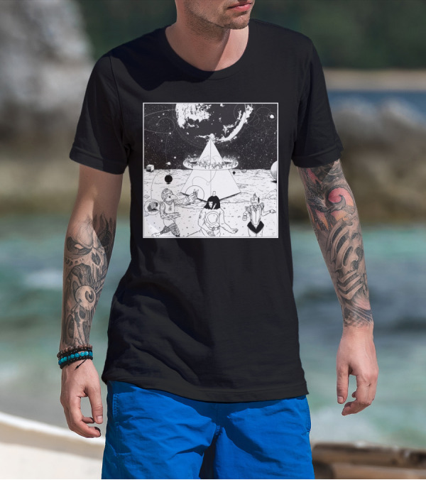 Mysterious Cosmic Pyramid With Dancing Characters Under Planetary Orbit T-Shirt