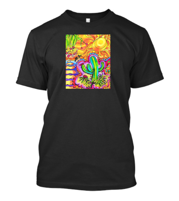 Sunset Neon Cactus Dance With Vibrant Sunburst And Flowing Flora T-Shirt