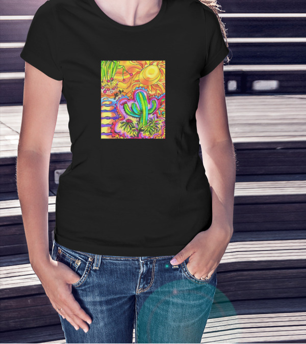 Sunset Neon Cactus Dance With Vibrant Sunburst And Flowing Flora T-Shirt