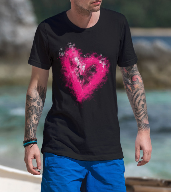Pink Flamingo Love Heart Watercolor Splatter T-Shirt