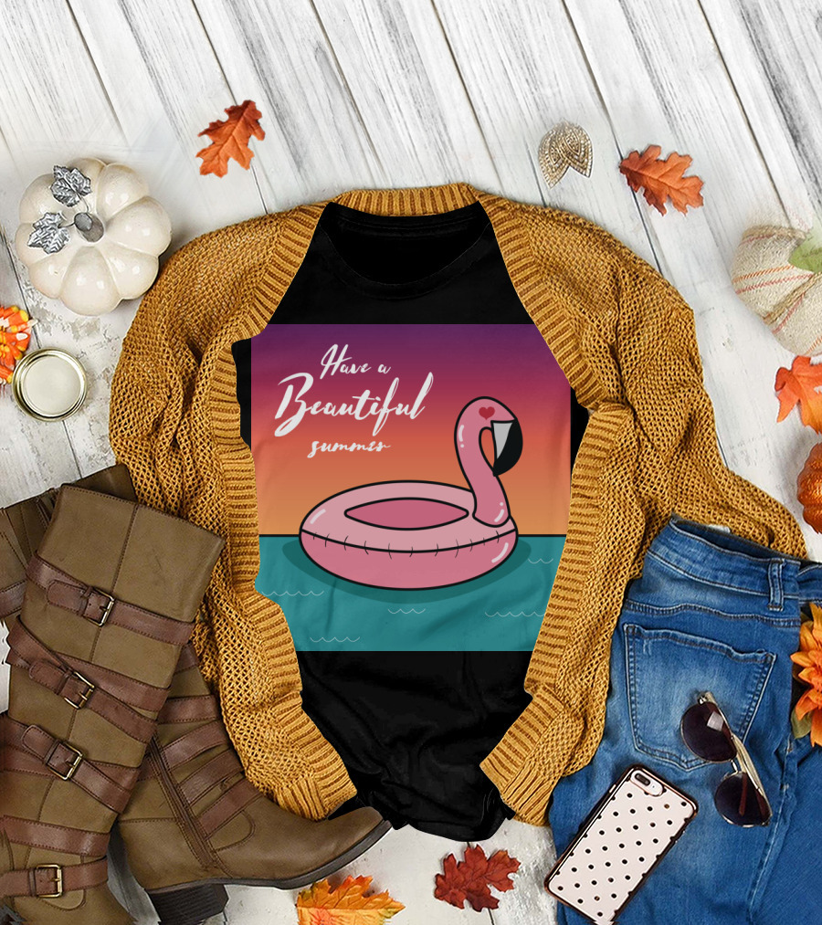 Have a Beautiful Summer Pink Flamingo Float Sunset T-Shirt