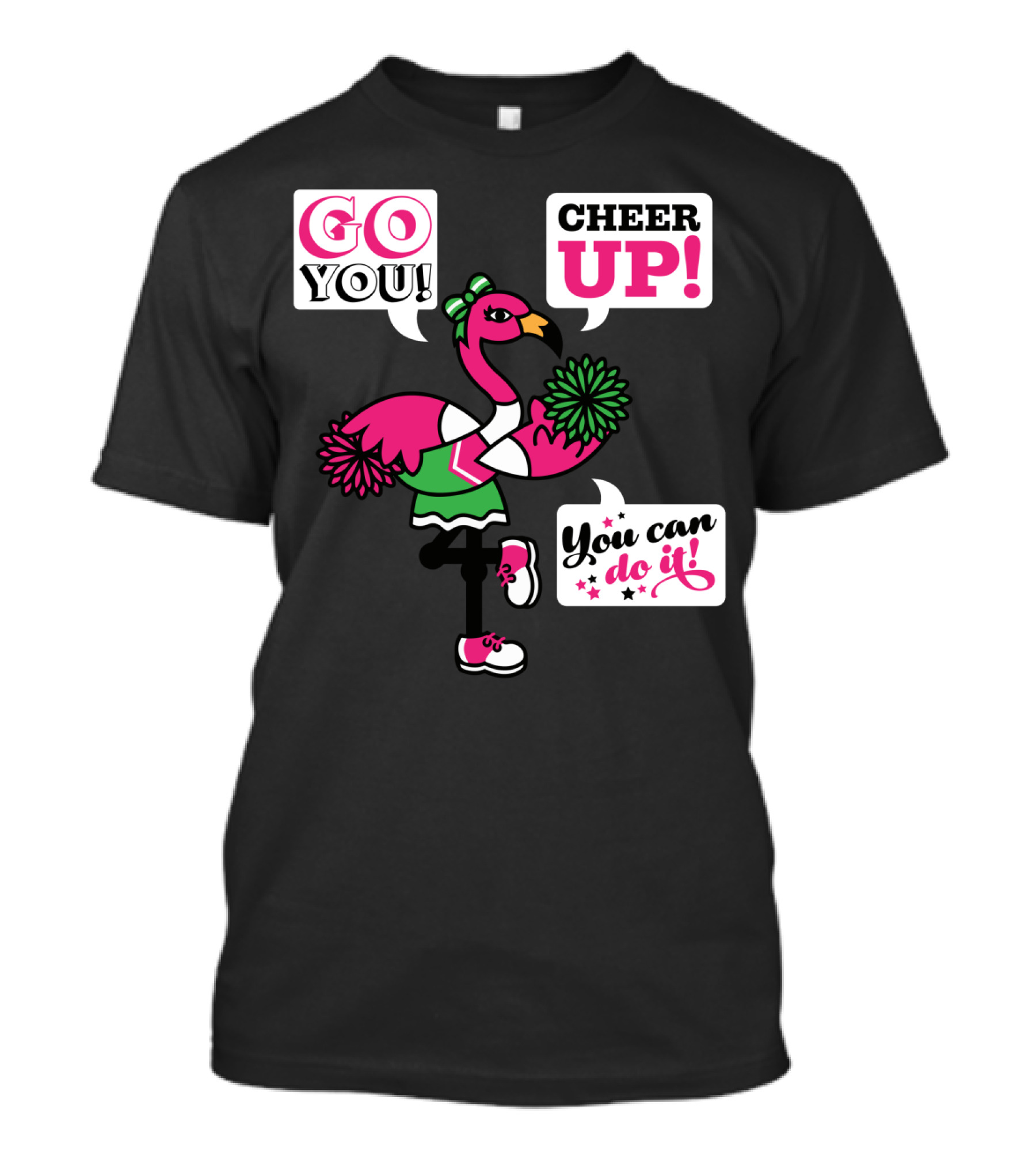 GO YOU Cheer Up You Can Do It Pink Flamingo Pom-Poms Encouragement T-Shirt
