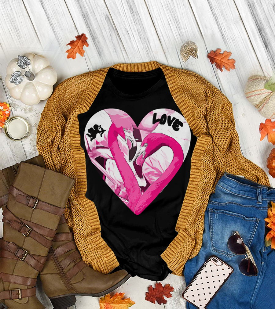 Love Flamingo Couple Heart with Cupid Silhouette Vector T-Shirt