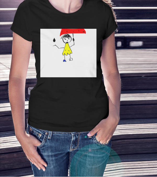 Curious One Stick Figure In Yellow Dress With Red Umbrella And Raindrop T-Shirt