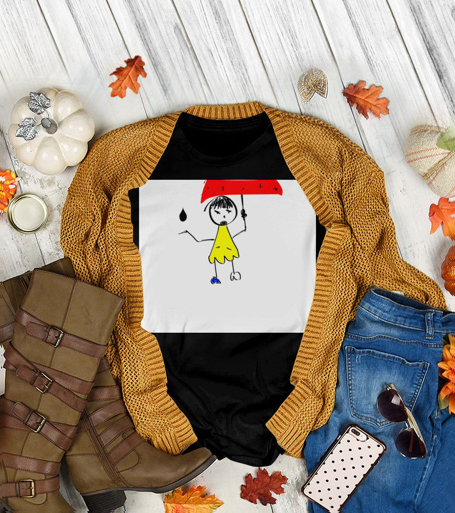 Curious One Stick Figure in Yellow Dress with Red Umbrella and Raindrop T-Shirt