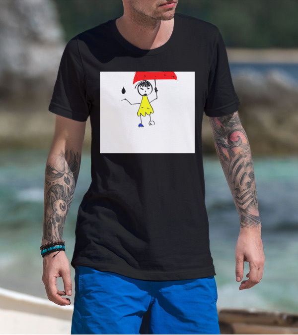 Curious One Stick Figure In Yellow Dress With Red Umbrella And Raindrop T-Shirt