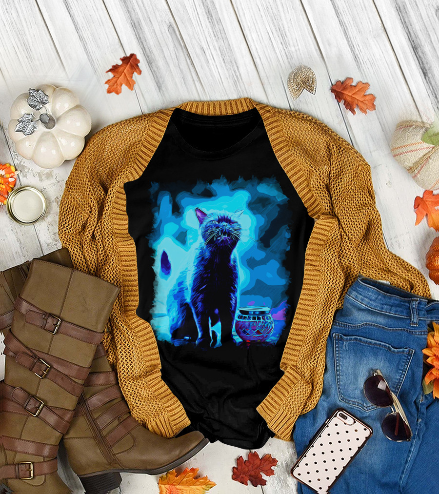 British Shorthair Cat in Blue Moonlit Vector Art Scene T-Shirt