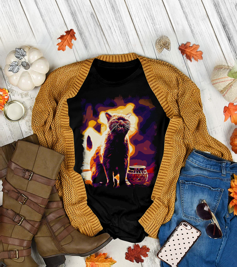 British Shorthair Cat Silhouette at Vibrant Late Sunset Scene T-Shirt