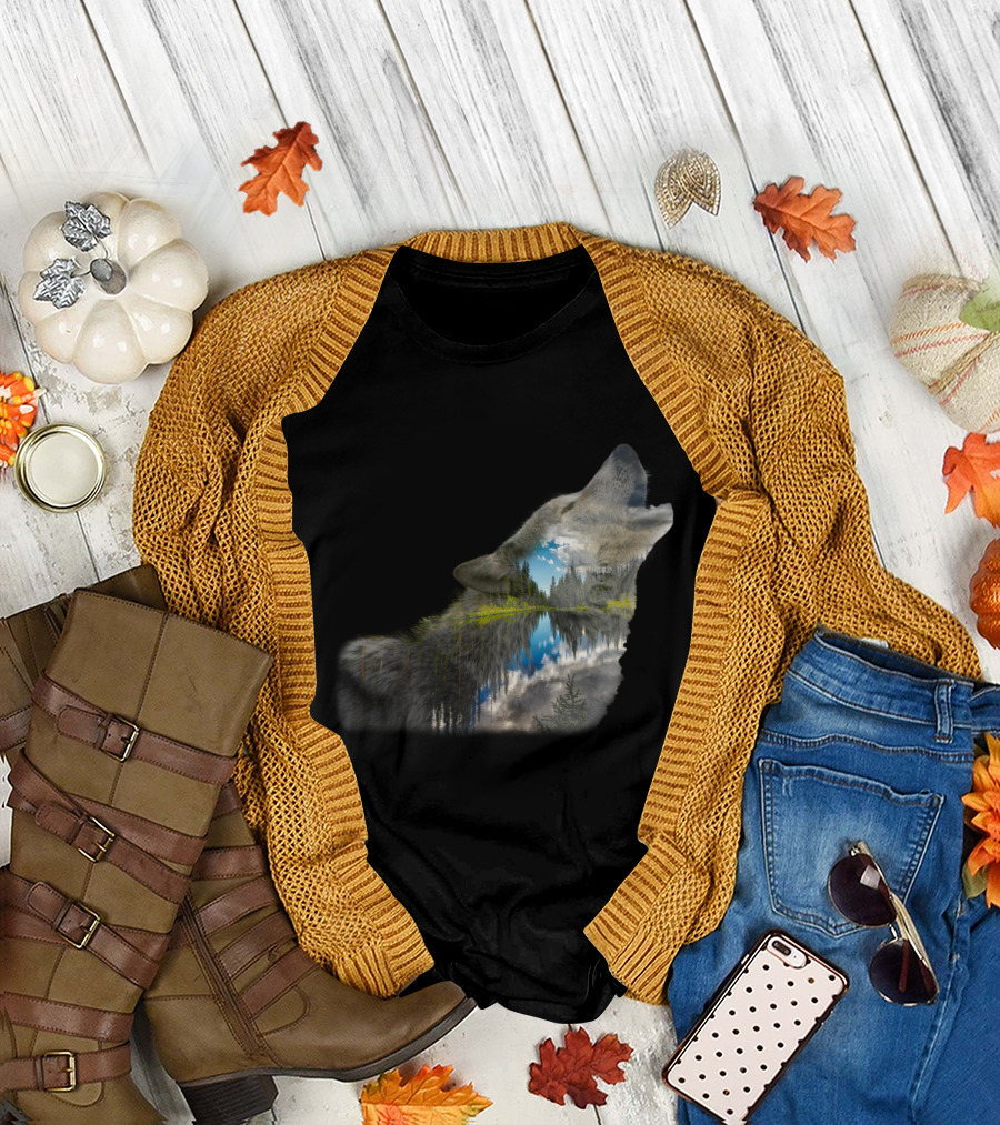 Wolf Howling with Forest Reflection and Mountain Lake Scene T-Shirt