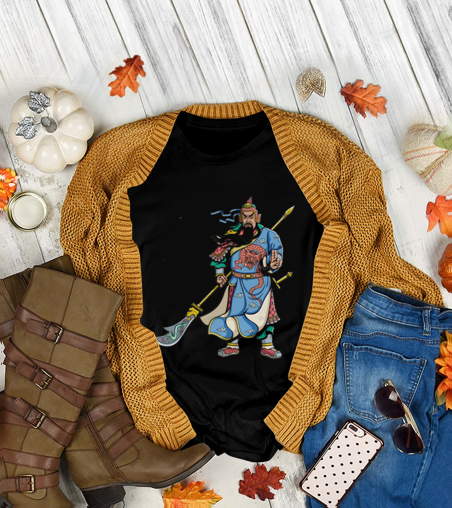 Guan Yu Warrior Illustration with Dragon Motif and Green Headdress T-Shirt