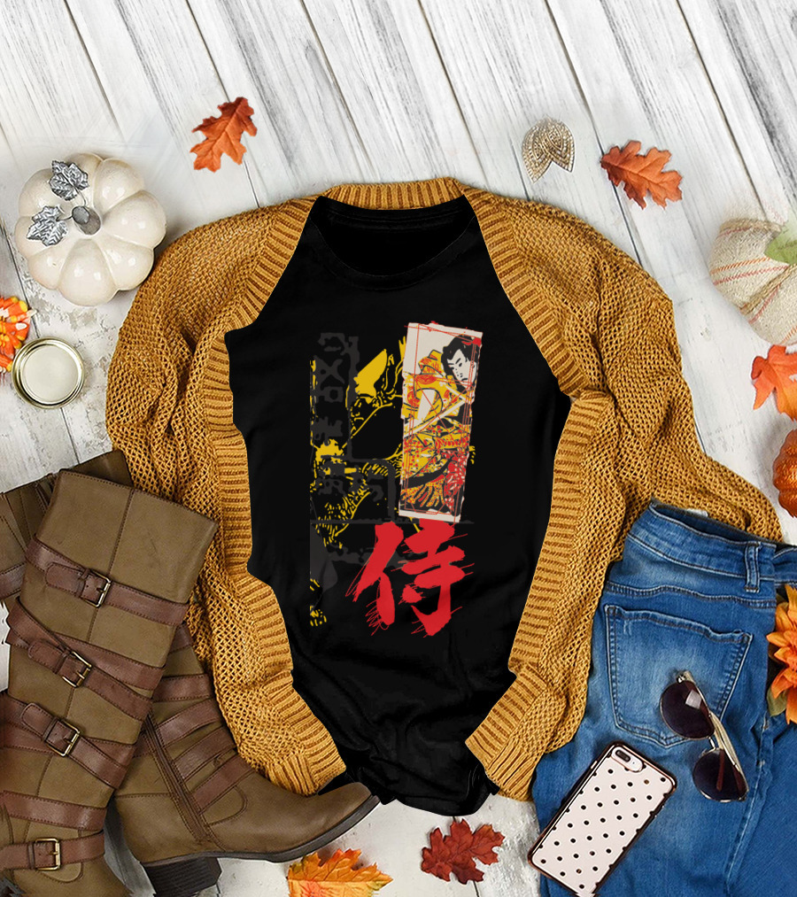 Samurai Ukiyo-e Style Artwork with Red Kanji Character T-Shirt