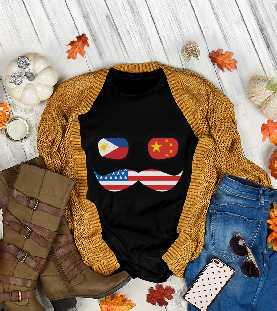 Chinoy Pride Philippines China USA Flag Sunglasses Moustache T-Shirt