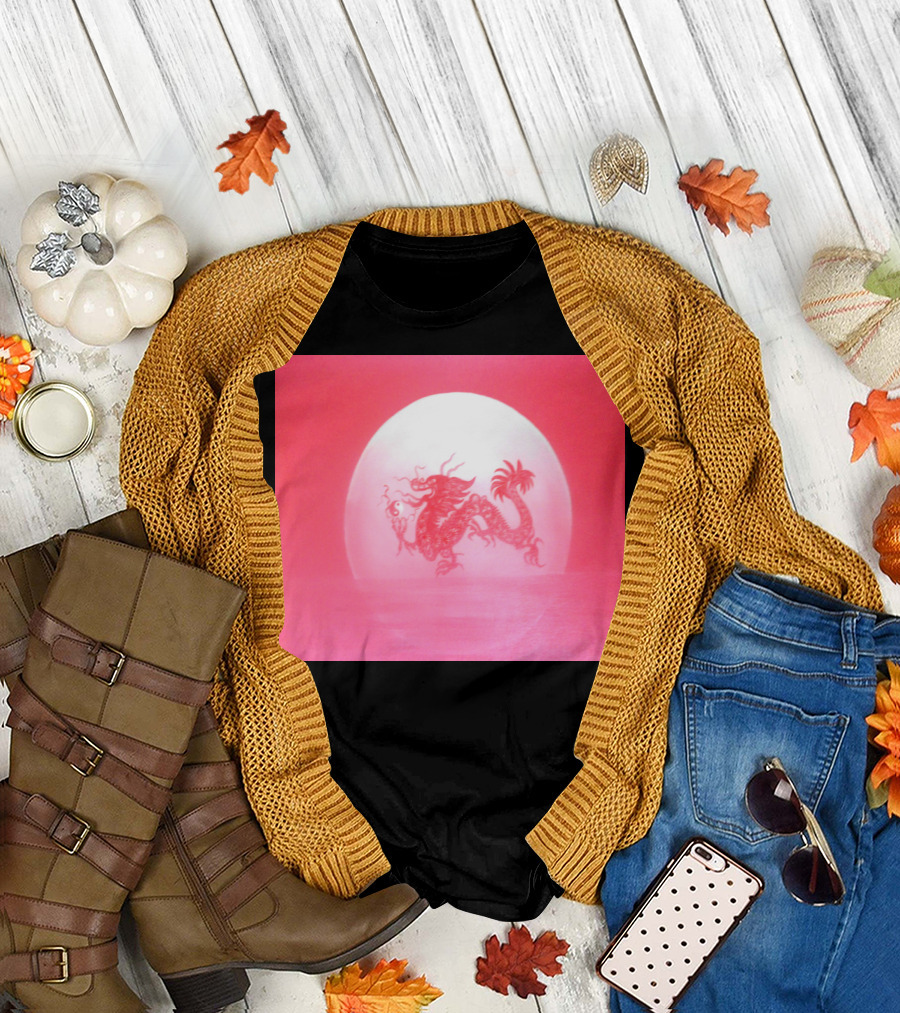 Chinese Dragon Silhouette Against Full Red Moon T-Shirt