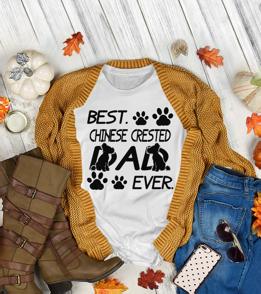 Best Chinese Crested Dad Ever with Paw Prints and Silhouette Dogs T-Shirt