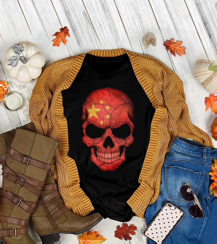 Chinese Flag Skull Illustration Featuring Red Cracked Surface with Prominent Yellow Stars T-Shirt