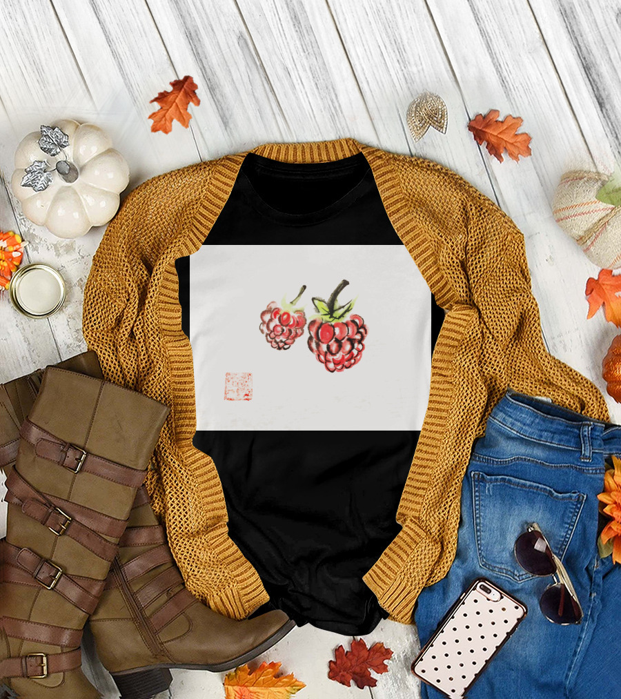 Raspberry Berries with Asian Art Stamp on Minimalist Background T-Shirt