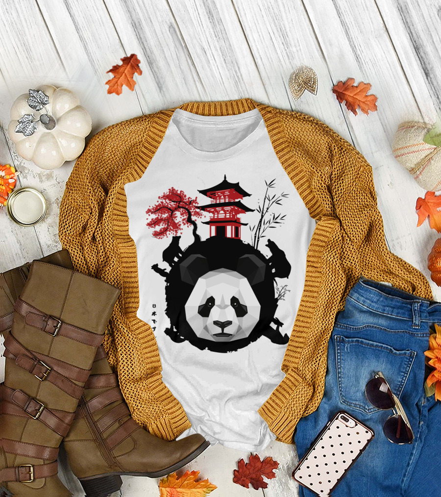 Geometric Panda with Japanese Pagoda and Cherry Blossoms in Moonlit Landscape Japan T-Shirt