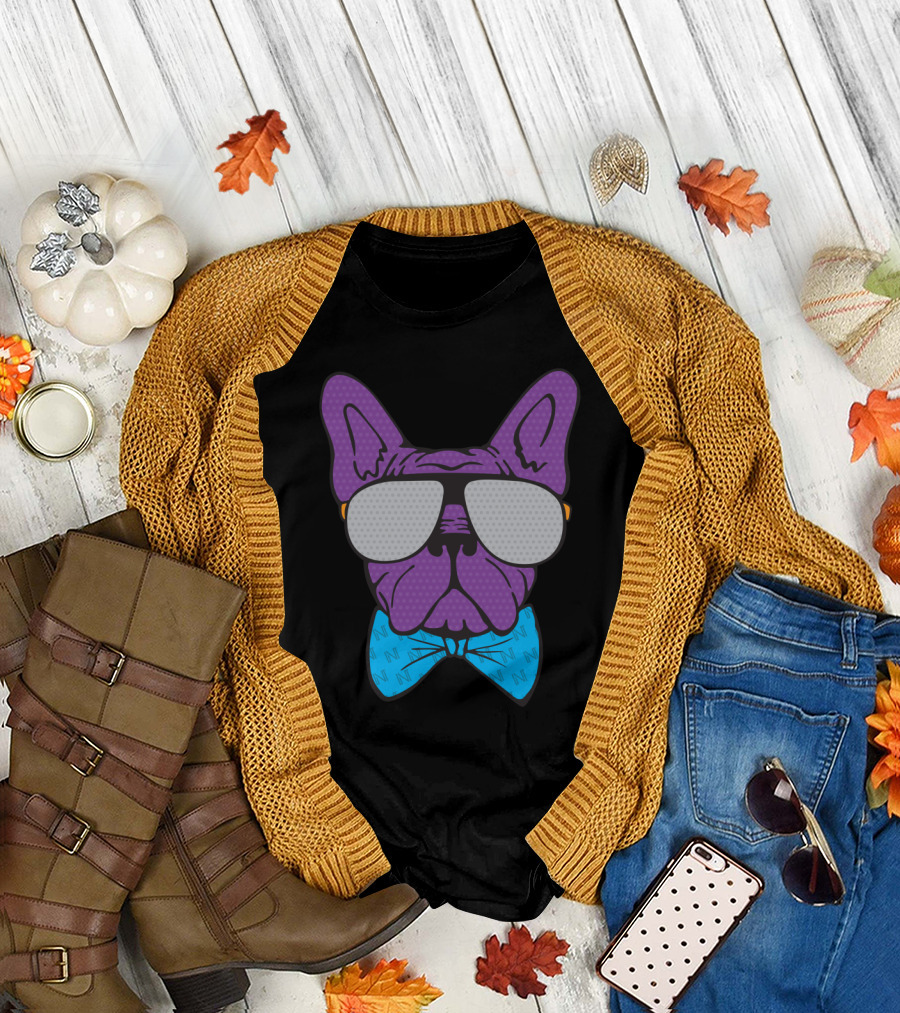 Frenchy Purple French Bulldog Illustration with Sunglasses Bow Tie T-Shirt