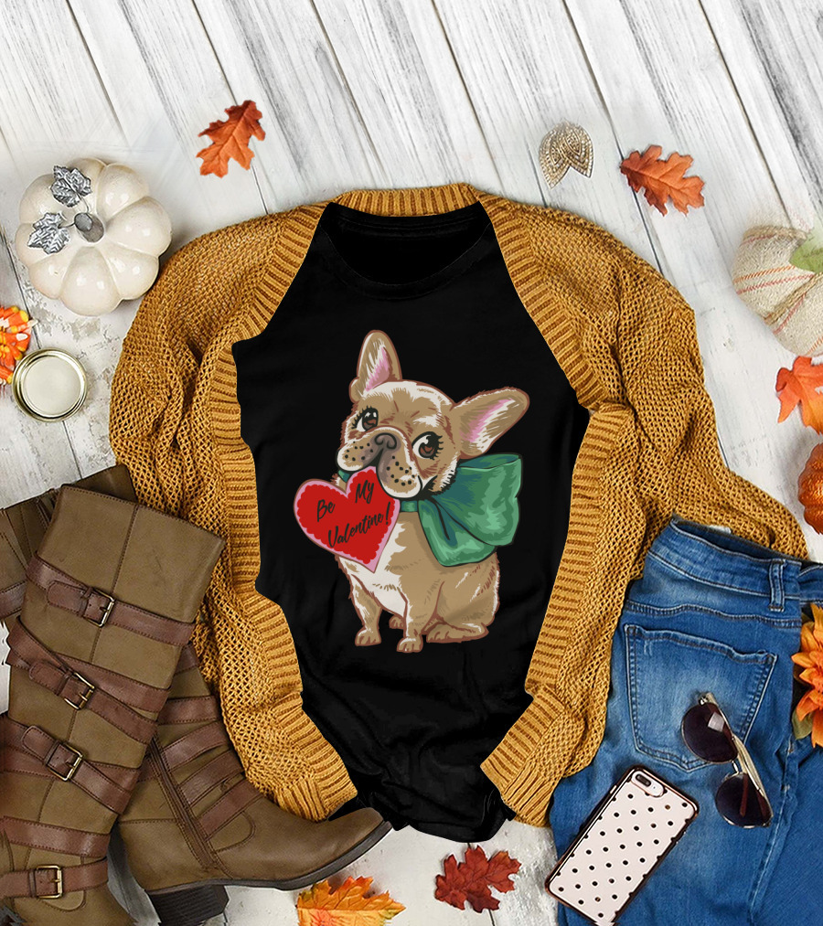Be My Valentine Heart French Bulldog with Green Bow T-Shirt