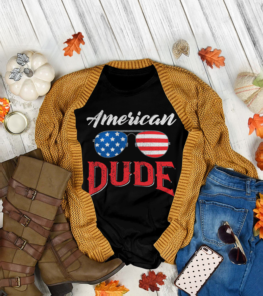 American Dude Stars and Stripes Sunglasses Fourth of July T-Shirt