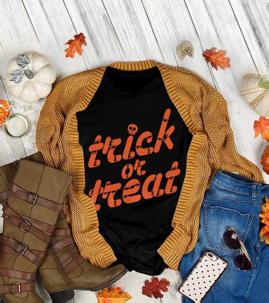 Trick or Treat Skull Halloween Orange Letters T-Shirt
